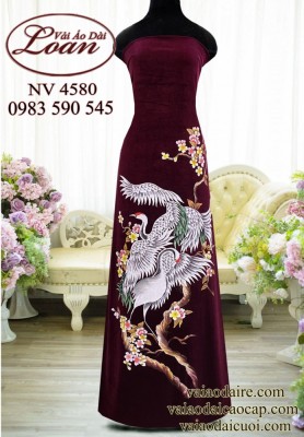 Vải áo dài vẽ chim hạc cao cấp-V3D 12057