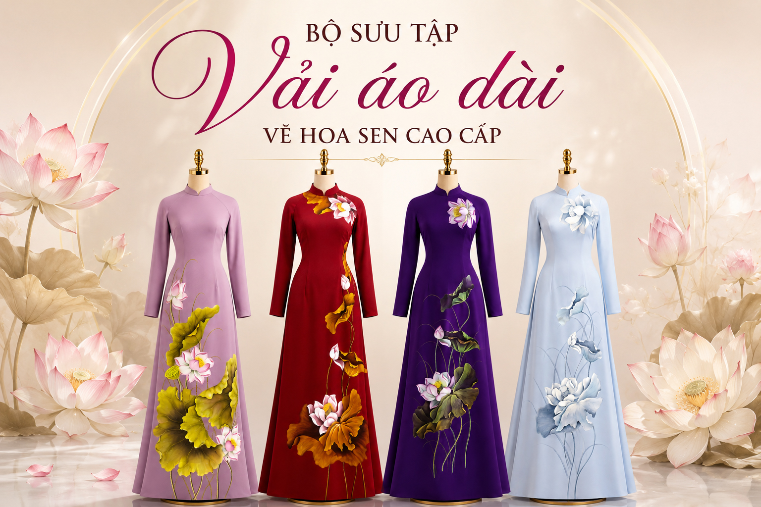 BST vải áo dài vẽ hoa sen cao cấp