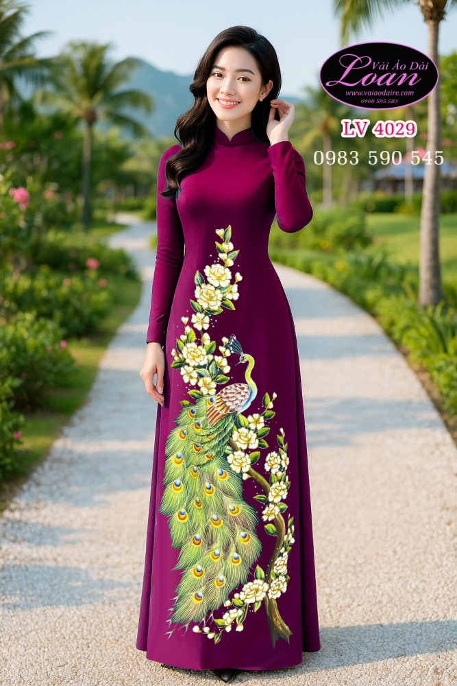 Vải áo dài vẽ chim Công cao cấp