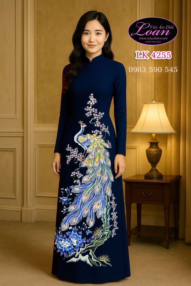 Vải áo dài vẽ chim công cao cấp