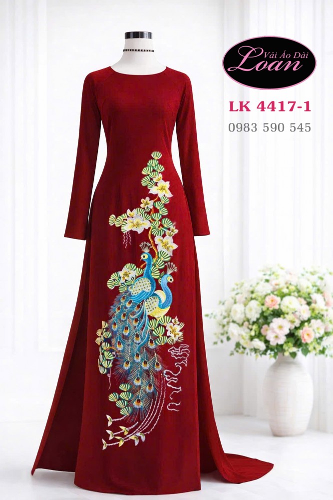 Vải áo dài thêu chim công cao cấp-4417