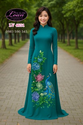 Vải áo dài vẽ chim công cao cấp-V3D 12209