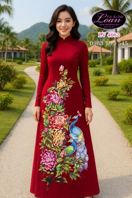 Vải áo dài vẽ chim công cao cấp-V3D 12241