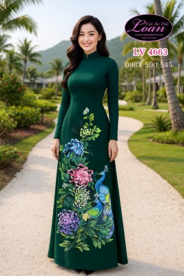 Vải áo dài vẽ chim công cao cấp-V3D 12244