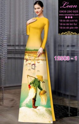 Vải áo dài hình nông dân gánh muối-DT12503